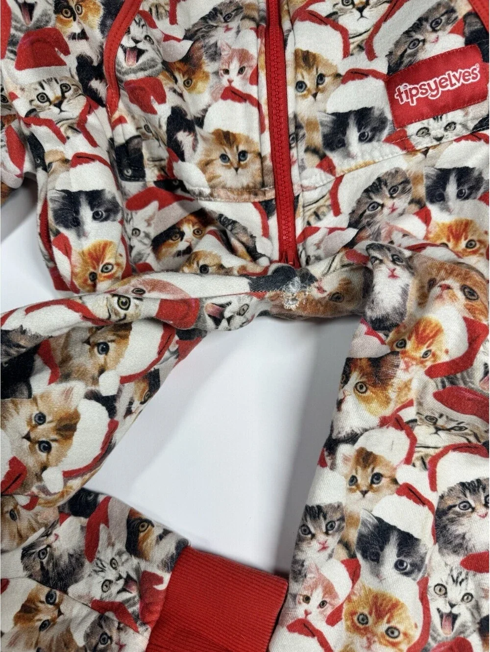 Tipsy Elves Meowy Catmus One Piece JR Lg Unisex Print Cats Hooded W/Pockets Xmas